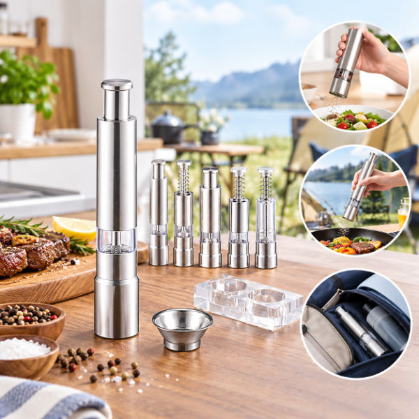 Stainless steel salt grinder set designed for portable cooking, compact kitchens, outdoor meals, easy handling, and convenient seasoning.