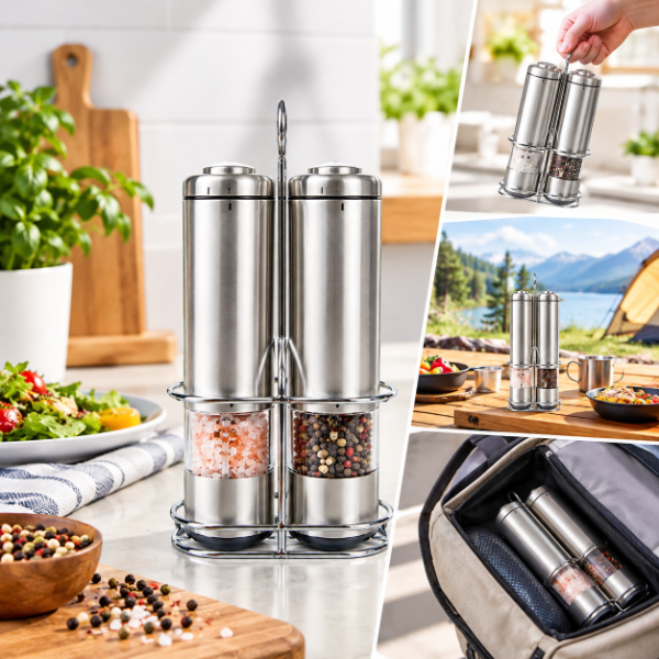 Stainless steel salt and pepper grinder set shown in a modern kitchen, outdoor cooking setting, and compact travel setup for flexible daily use.