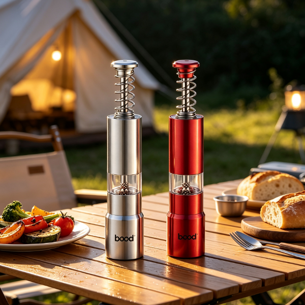 Silver and red portable pepper grinders on outdoor camping table with grilled food.