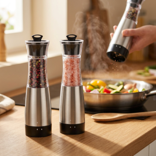 Stainless steel gravity electric salt and pepper mills used one-handed while cooking on a stovetop.