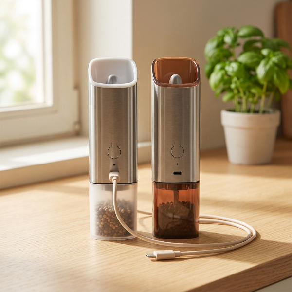 Gravity electric salt and pepper mill set with USB charging port on a kitchen counter.