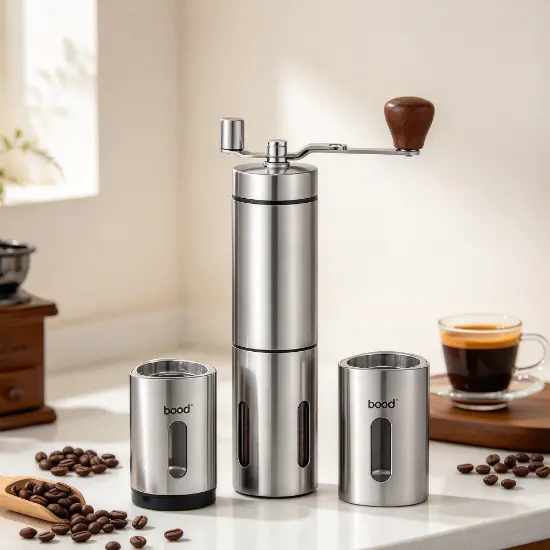 Portable manual coffee grinder in a realistic coffee preparation setting, suitable for travel home and office use.
