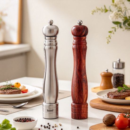 Traditional pepper grinder in a realistic dining setting, suitable for fresh seasoning daily cooking and tabletop service.