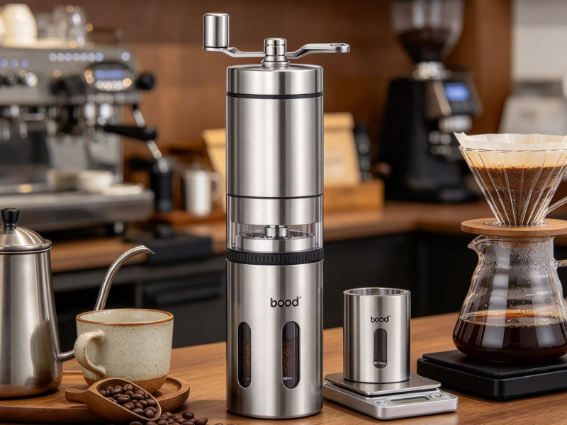 Real size stainless steel adjustable burr grinder on coffee workshop table with coffee beans pour over kettle and cup.